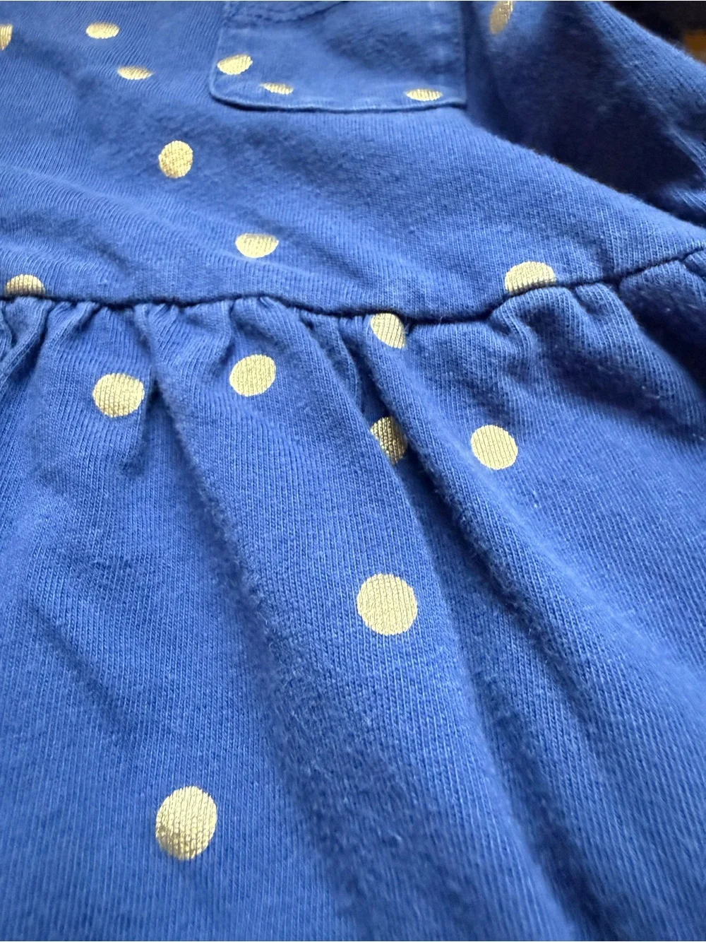 MiniBoden Girls' Blue dress with gold Polka Dot dress (size 5-6 years)